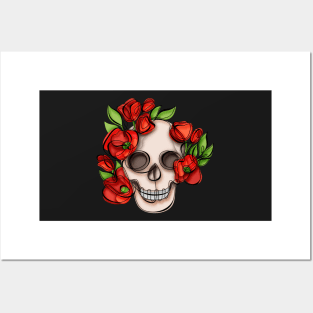 Minimalistic Continuous Line Skull with Poppies Posters and Art